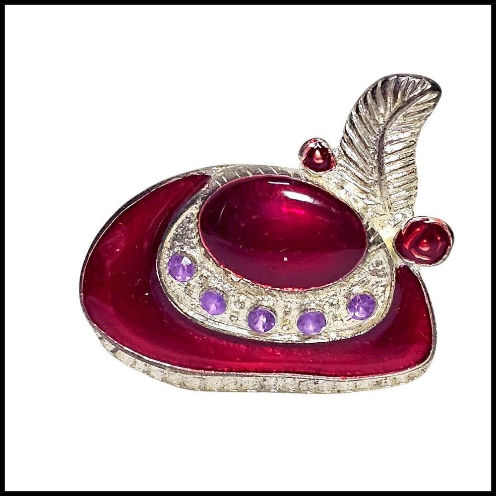 Vintage Hat Pin Brooch Burgundy Cabochon Feather Rhinestone Accent